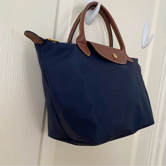 $150 Longchamp Le Pliage Navy Blue Nylon Brown Leather Tote Satchel Bag - Picture 5 of 16